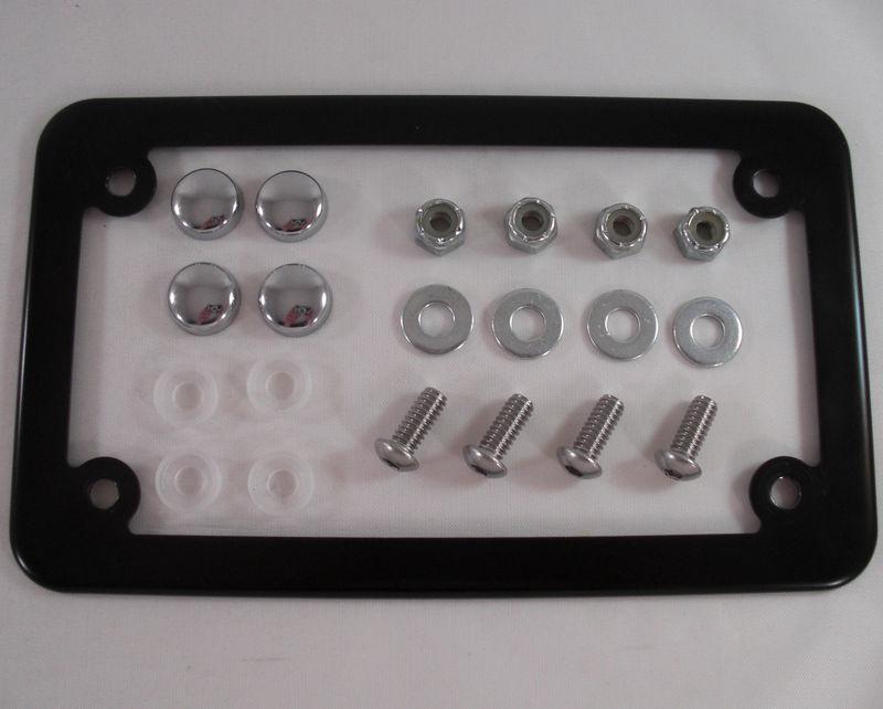 Black motorcycle license tag plate frame w/ 4 chrome smooth caps & lic bolts kit