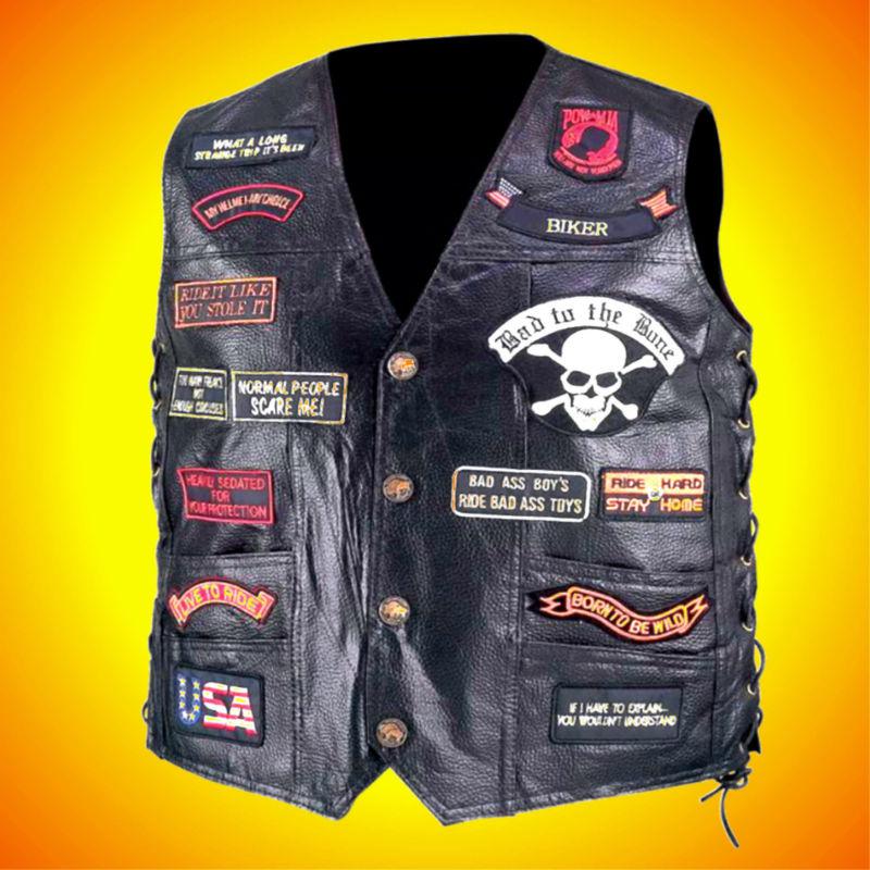 -leather motorcycle biker vest-23 patches!!-men's size extra large--nice vest