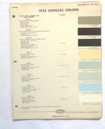  1953 cadillac dupont color paint chip chart all models original