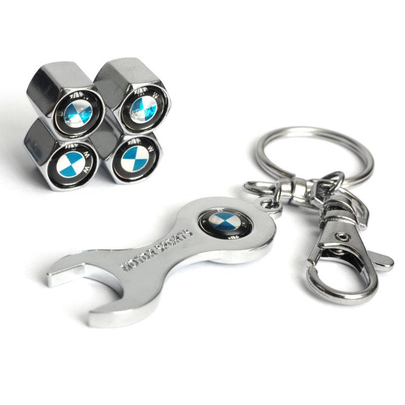 Steam air valve tire tyre caps set for bmw white chrome wrench key chain ring