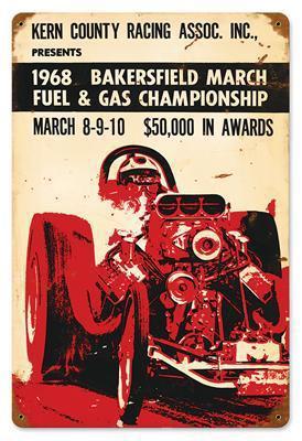 Ghh vintage sign 1968 bakersfield march fuel & gas championships logo 12" x 18"
