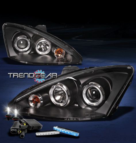 00-04 ford focus halo black projector head light lamp+blue drl led signal+6k hid