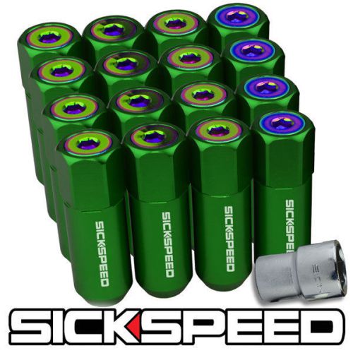 16 green/neo chrome capped aluminum extended 60mm locking lug nuts 1/2x20 l30