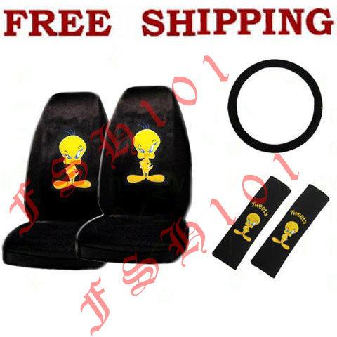 New 5pc set cartoon tweety bird seat covers steering wheel cover & shoulder pads