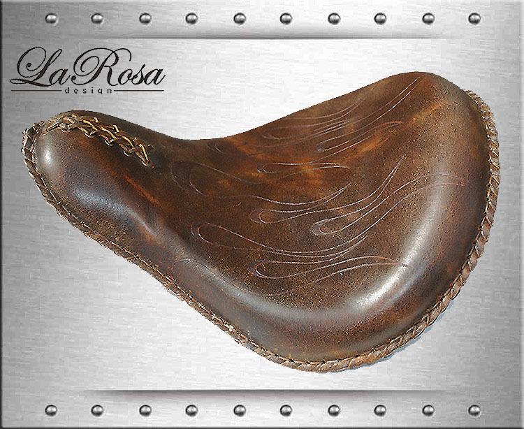 16" larosa rustic brown leather flame harley bobber rigid fxst seat + springs