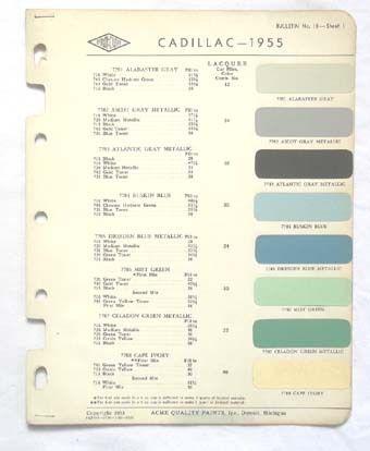 1955 cadillac acme proxlin color paint chip chart all models original 