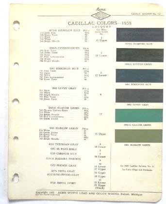 1950 cadillac acme color paint chip chart all models original