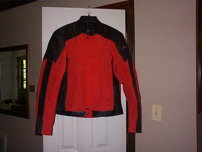 Hein gericke leather and cordura motorcycle jacket cafe style collar red black