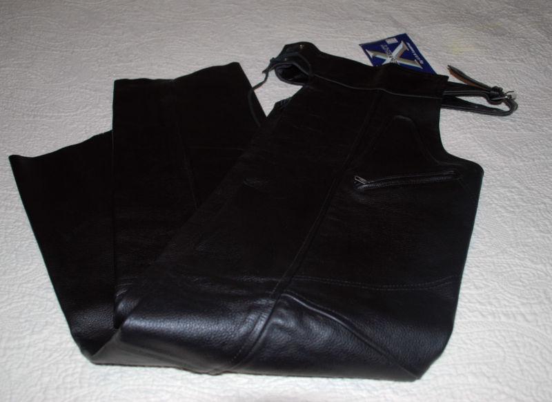  womens xelement black leather classic motorcycle chaps  sz 4 adjustable nwt