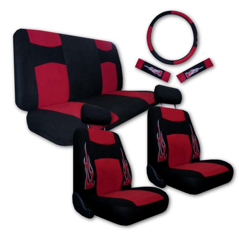 Velour fabric red black flame sport racing car seat covers 9pc pkg #h
