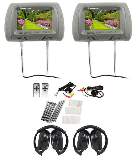 Pair rockville rhp7-gr 7” grey tft-lcd car headrest monitors+2 wireless headsets