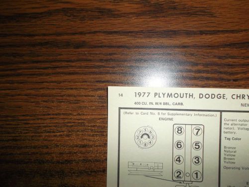 1977 dodge plymouth chrysler eight series models 400 ci v8 4bbl tune up chart