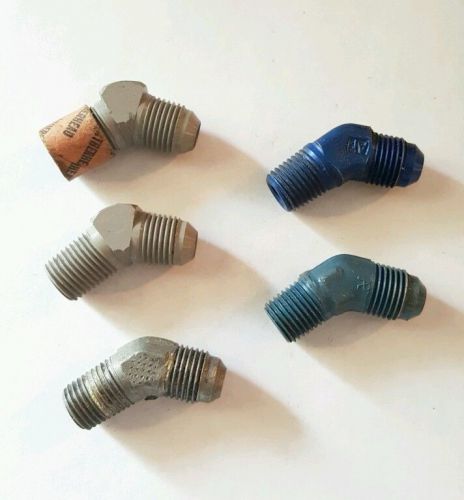Lot of 5 an npt flare to pipe 45 degree fittings
