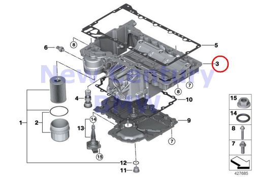 Bmw genuine engine housing lubrication system oil pan upper part e70 e70n e71 e7