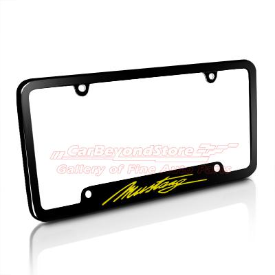 Ford mustang yellow script black metal license plate frame, 5 yr warranty + gift