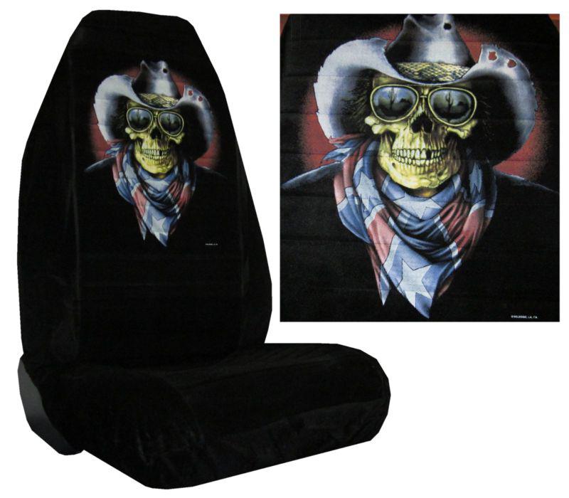Black velour seat covers car truck suv rebel cowboy skull high back pp #y