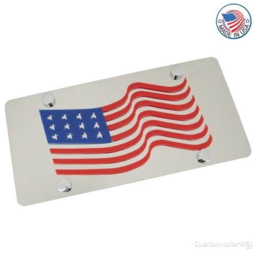 American flag waving stainless steel license plate