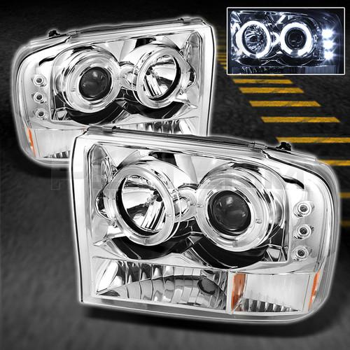 99-04 excursion/f250/f350 1pc halo led projector head lights front lamps chrome