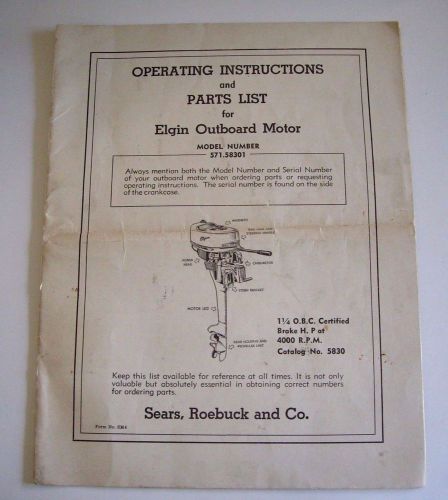 Elgin outboard motor model 571.58301 operating instructions &amp; parts list 1947-52