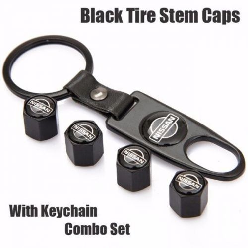 Black tire stem valve caps and black keychain combo set for nissan &amp; nissan logo