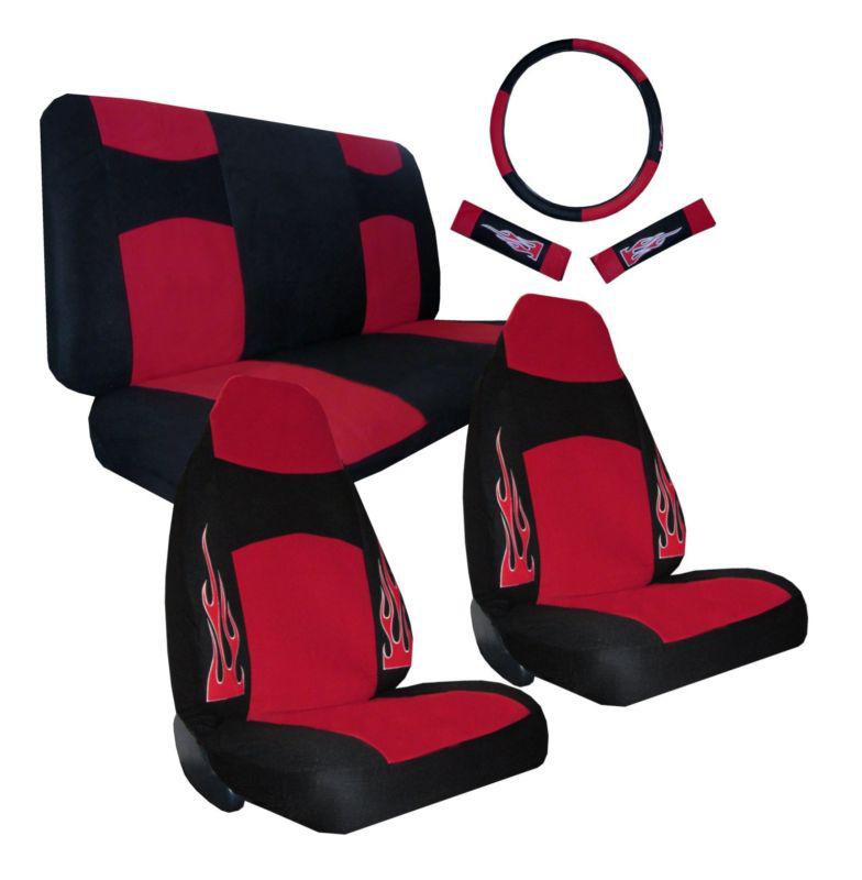 Velour fabric red black flame high back car seat covers 7pc pkg #2