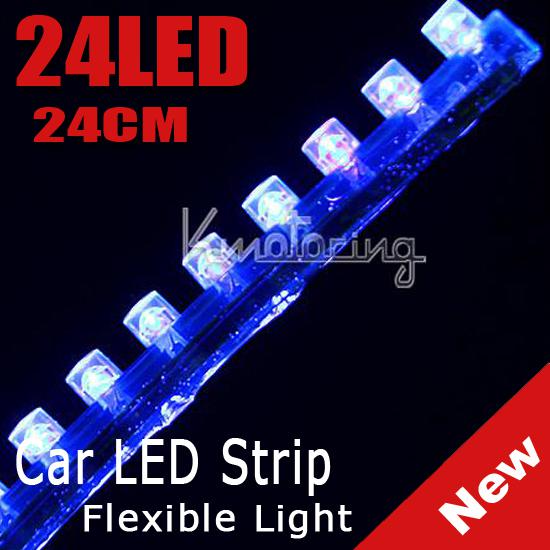 Blue 24cm 24led pvc flexible led strip light waterproof for car motorcycle new