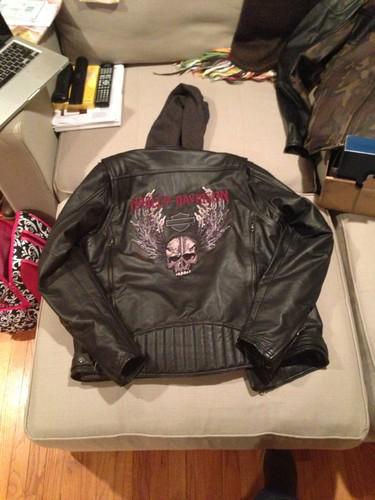 Harley davidson leather skull jacket size tall large l with hoodie