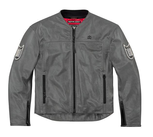 Icon one thousand chapter leather motorcycle jacket interceptor gray md/medium