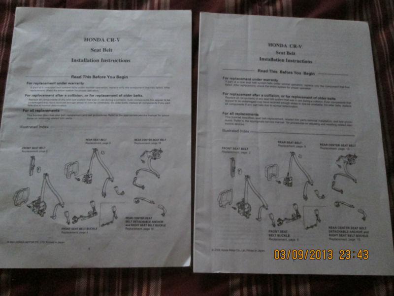 Seat belt installation booklets (2) honda cr-v-for all replacements