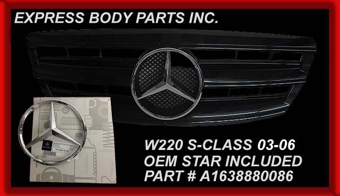 03-06 w220 grille all black grill s-class s430 s500 s600 s55 w/star mercedes 