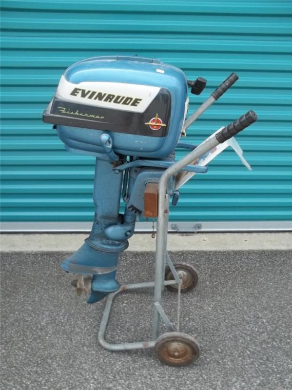 A2327 1950's evinrude fisherman 5.5hp outboard motor with stand & gas can