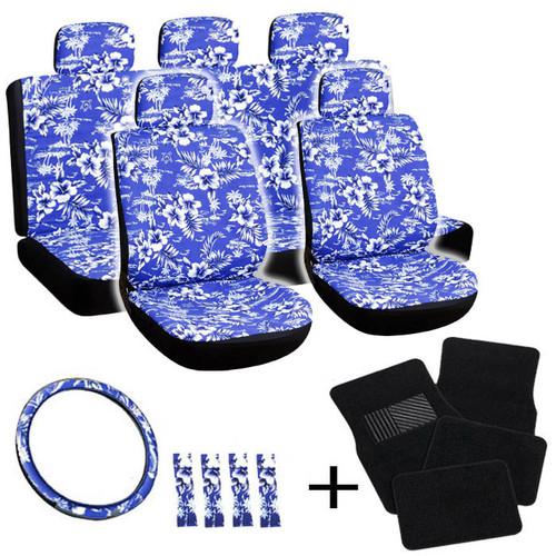 21pc set blue hawaii floral black suv seat covers wheel+belt pads+head+floor mat