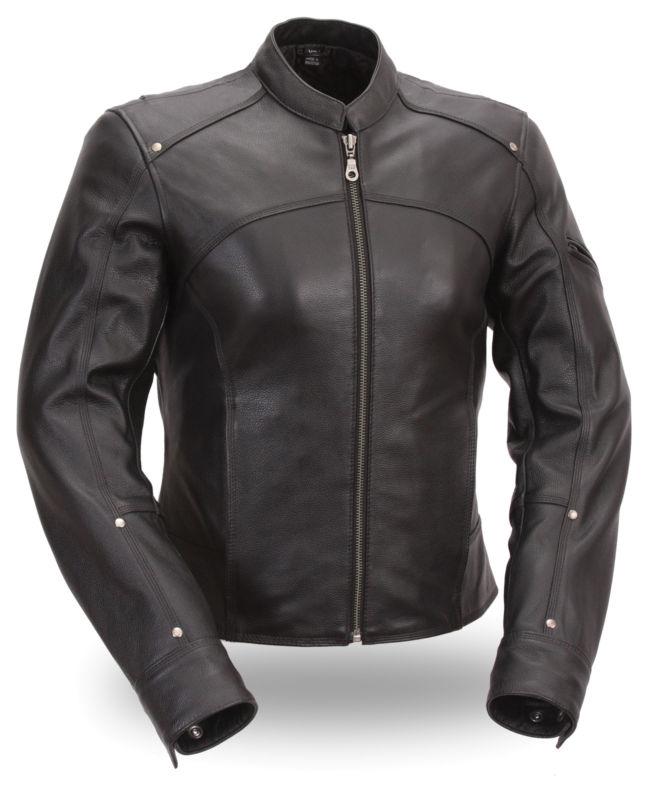 First mfg  accentuating ladies leather motorcycle jacket  & free gloves 