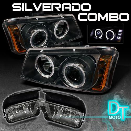 03-06 chevy silverado led twin halo projector black head lights+smoke fog lamps