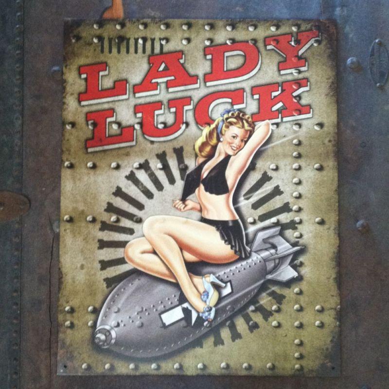 Lady luck*** gga man cave metal sign ford chevy oldsmobile wwii pin up