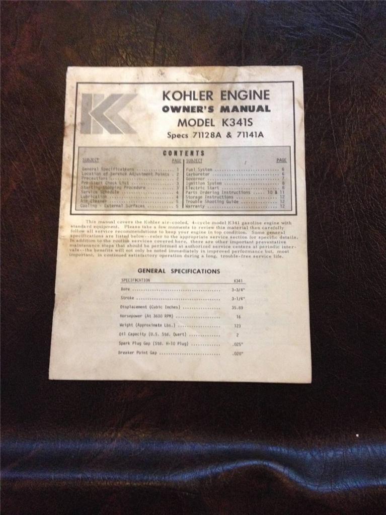 Kohler k341s original!  owners manual!!!!! small engine!!