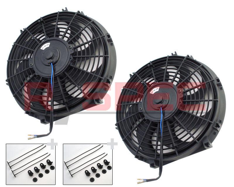 2x 10" inch thin slim radiator cooling fan 1550 cfm 12v push puller + mount kit
