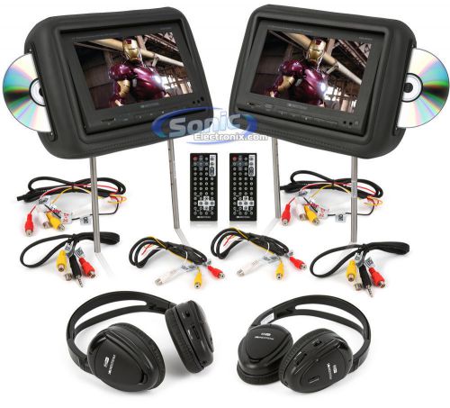 Soundstream vhd-9grdk pair of gray 8.8&#034; lcd dvd monitor headrest w/ 2 headphone