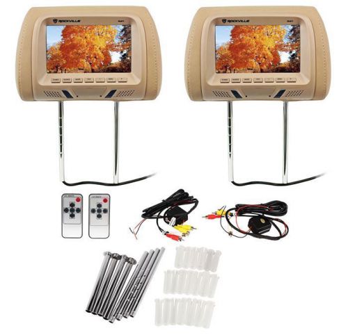 Pair rockville rhp7-bg 7” beige tft-lcd car headrest tv monitors w/ speakers+ir