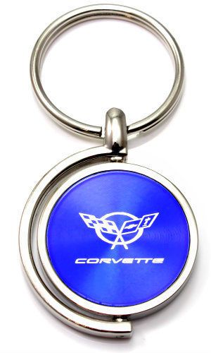 Blue chevy corvette c5 logo brushed metal round spinner chrome key chain ring