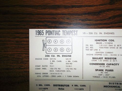 1965 pontiac tempest eight series 326 ci v8 2bbl &amp; 4bbl carb tune up chart