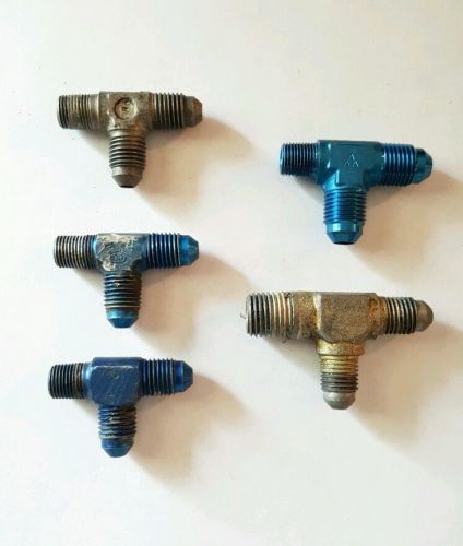 Lot of 5 an npt flare to pipe on run union tee fittings