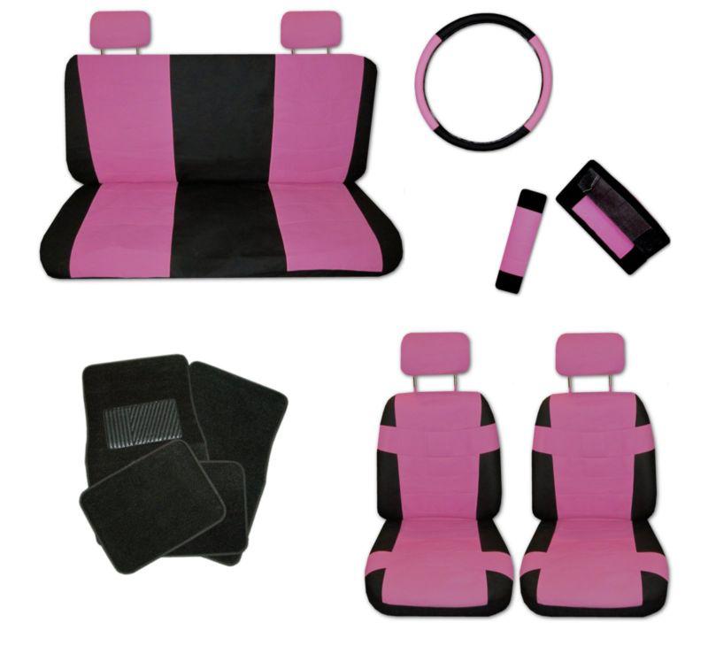 Superior faux leather pink black car seat covers set and black floor mats #a