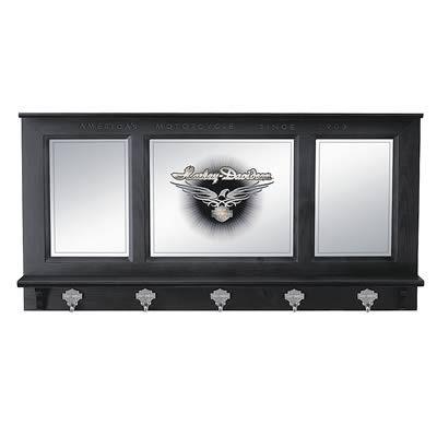 Pub mirror 3 panel black lacquer harley-davidson logo 5 jacket hooks