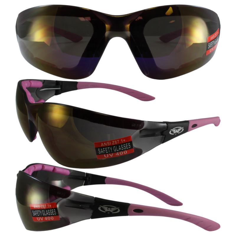 Global vision ruthless padded motorycycle safety glasses purple mirror lens