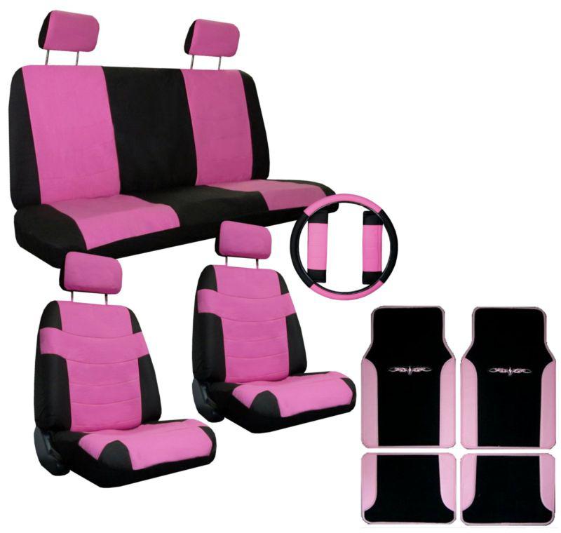 Pink black car seat covers w/ steering wheel cover & pink floor mats & more #5