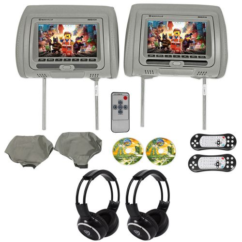 Rockville rvd721-gr 7” gray dual dvd/usb/hdmi car headrest monitors+headphones