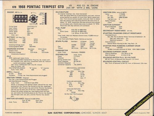 1968 pontiac tempest gto v8 400ci/265 hp 2 bbl car sun electronic spec sheet