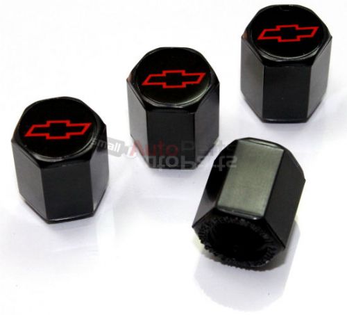 (4) chevrolet red bowtie logo black abs tire/wheel stem air valve caps covers