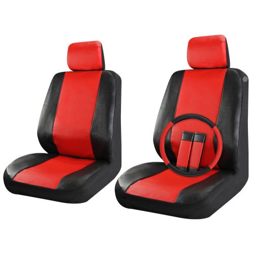 Faux leather car seat covers black / red 9pc set for front seat steering wheel